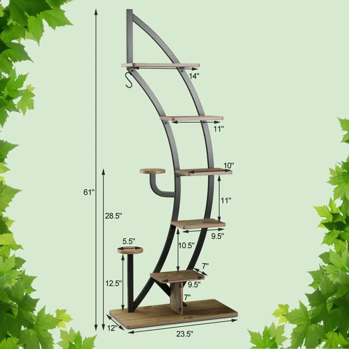 6-Tier 9 Potted Metal Plant Stand Holder Display Shelf with Hook