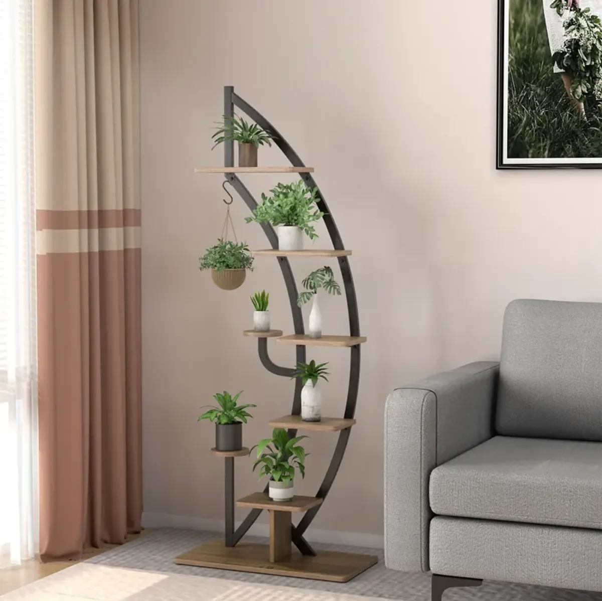 6-Tier 9 Potted Metal Plant Stand Holder Display Shelf with Hook