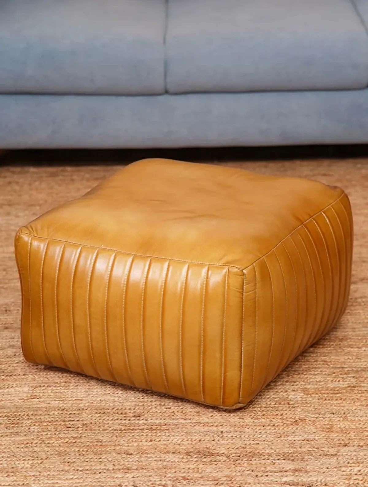 Solid Handmade Leather Square Pouf 21"x21"x12" (Recycled Foam with Fibre Fill) Beige Color BBBACPF08 BBH Homes