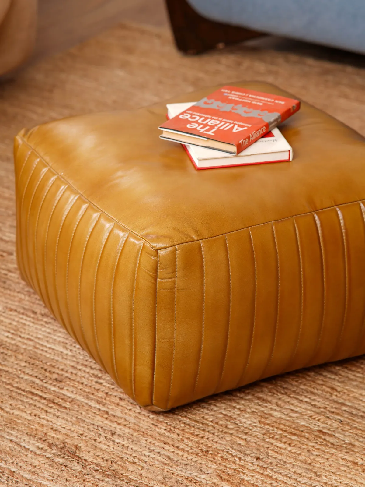 Solid Handmade Leather Square Pouf 21"x21"x12" (Recycled Foam with Fibre Fill) Beige Color BBBACPF08 BBH Homes