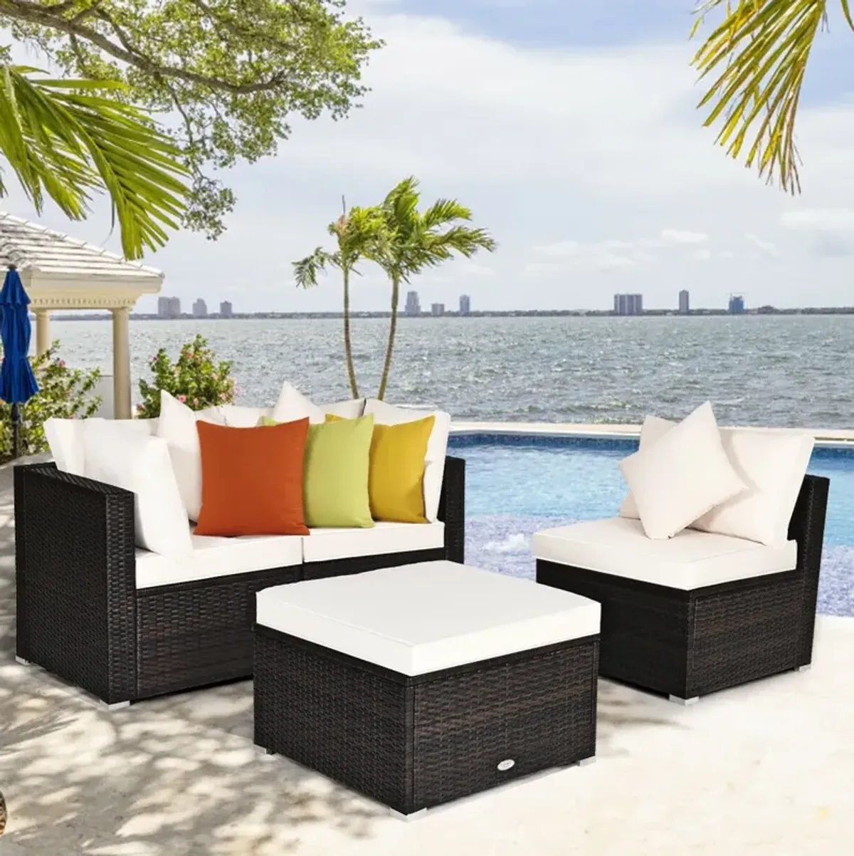 4 Pcs Ottoman Garden Deck Patio Rattan Wicker Furniture Set Cushioned Sofa