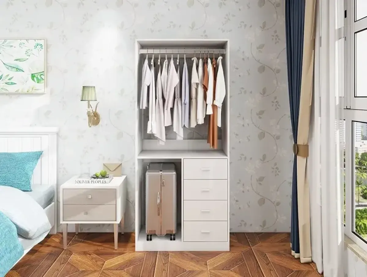 Wooden Closet System: Walk-in Closet Organizer System Free Standing with 4 Drawers Closet Kit with Shelves Hanging Rod Small Built-in Clothe Storage Organization 31.5"W x 15.7"D x 70.8"H