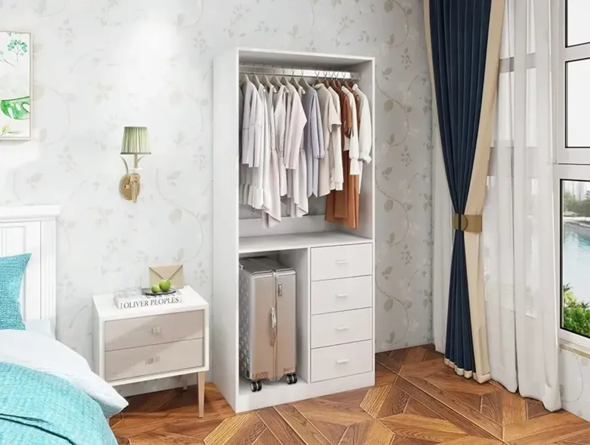 Wooden Closet System: Walk-in Closet Organizer System Free Standing with 4 Drawers Closet Kit with Shelves Hanging Rod Small Built-in Clothe Storage Organization 31.5"W x 15.7"D x 70.8"H