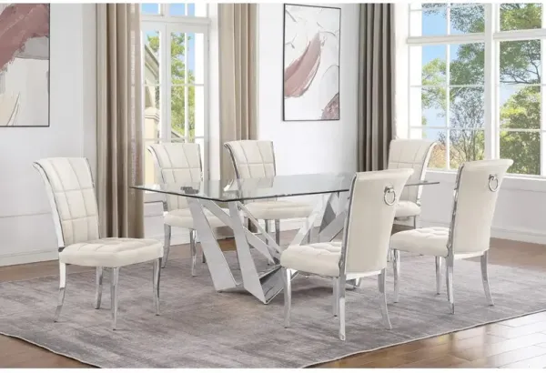 7pc Small(78") glass dining set with silver base and 6 Cream side chairs