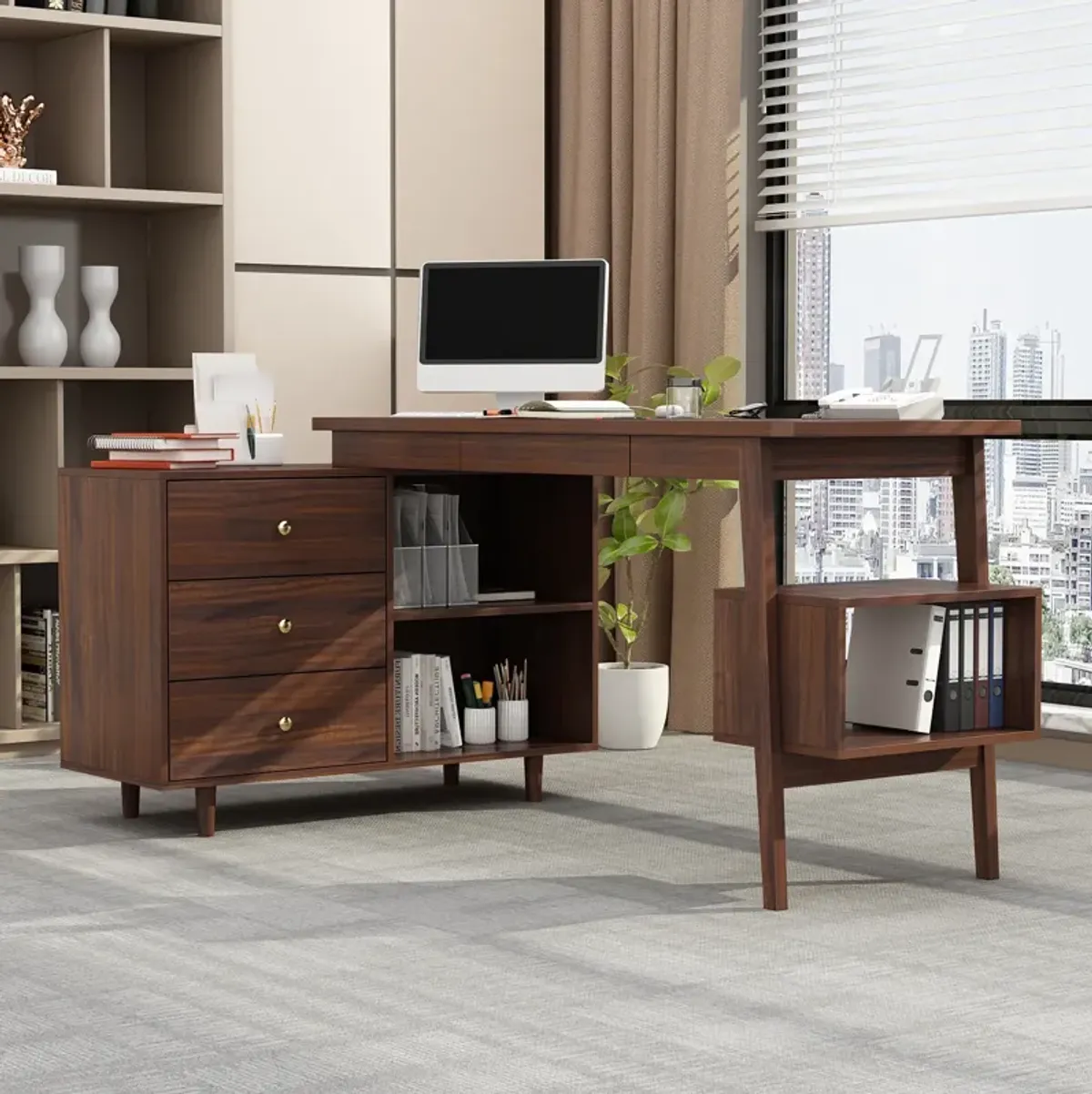 FUFU&GAGA Modern L-Shaped Office Desk with Storage, (55.1”W x 30.7”H x 21.7”D), Brown