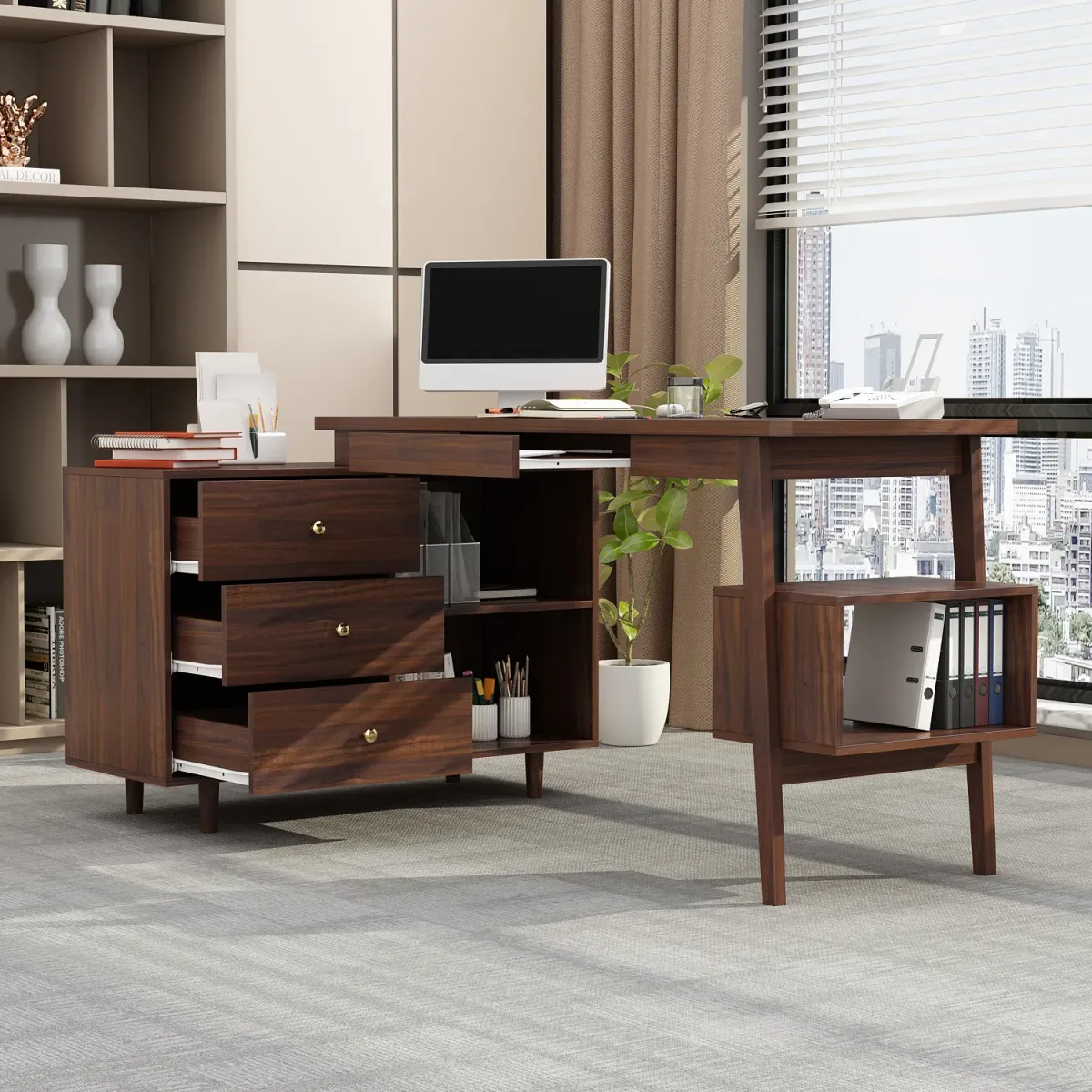 FUFU&GAGA Modern L-Shaped Office Desk with Storage, (55.1”W x 30.7”H x 21.7”D), Brown