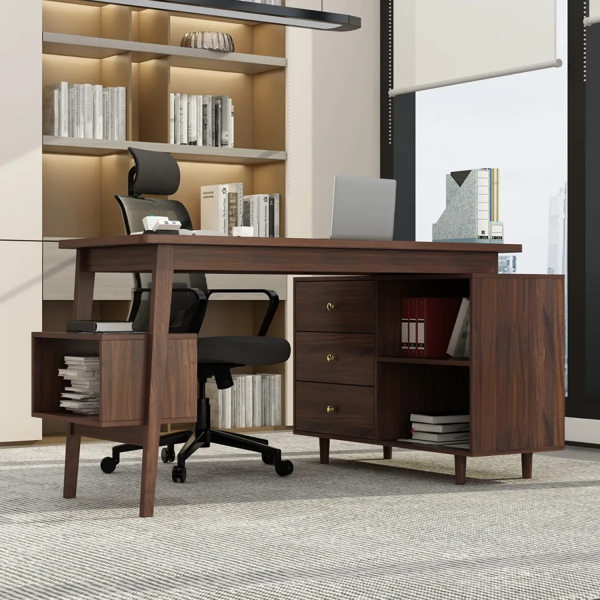 FUFU&GAGA Modern L-Shaped Office Desk with Storage, (55.1”W x 30.7”H x 21.7”D), Brown