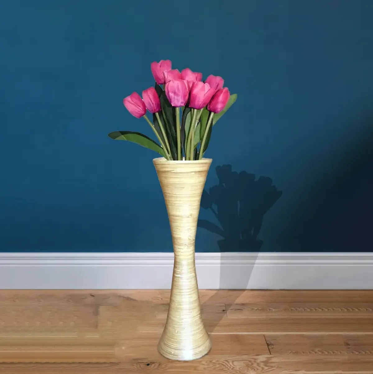 Decorative Modern Bamboo Display Floor Vase Hourglass Shape, 27 Inch Natural