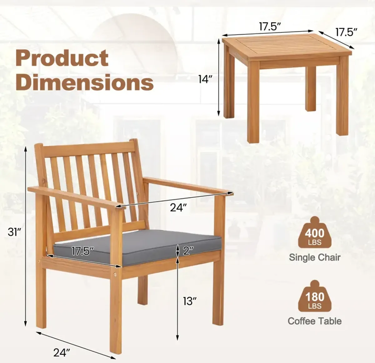 3 Pieces Patio Wood Furniture Set with soft Cushions for Porch