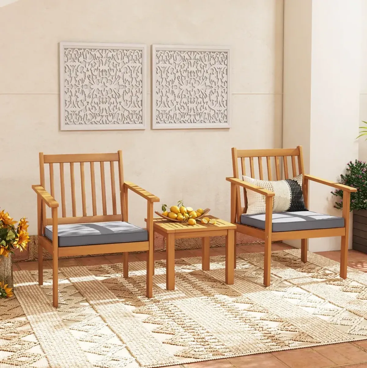 3 Pieces Patio Wood Furniture Set with soft Cushions for Porch