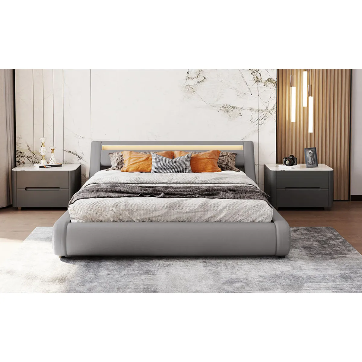 Upholstered PU Leather Platform Bed With A Hydraulic Storage System With LED Light Headboard