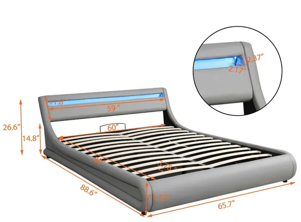 Upholstered PU Leather Platform Bed With A Hydraulic Storage System With LED Light Headboard