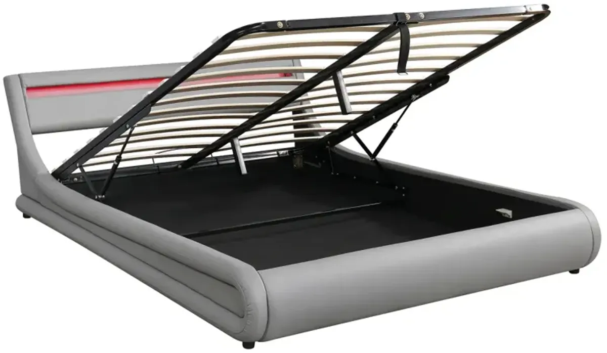 Upholstered PU Leather Platform Bed With A Hydraulic Storage System With LED Light Headboard