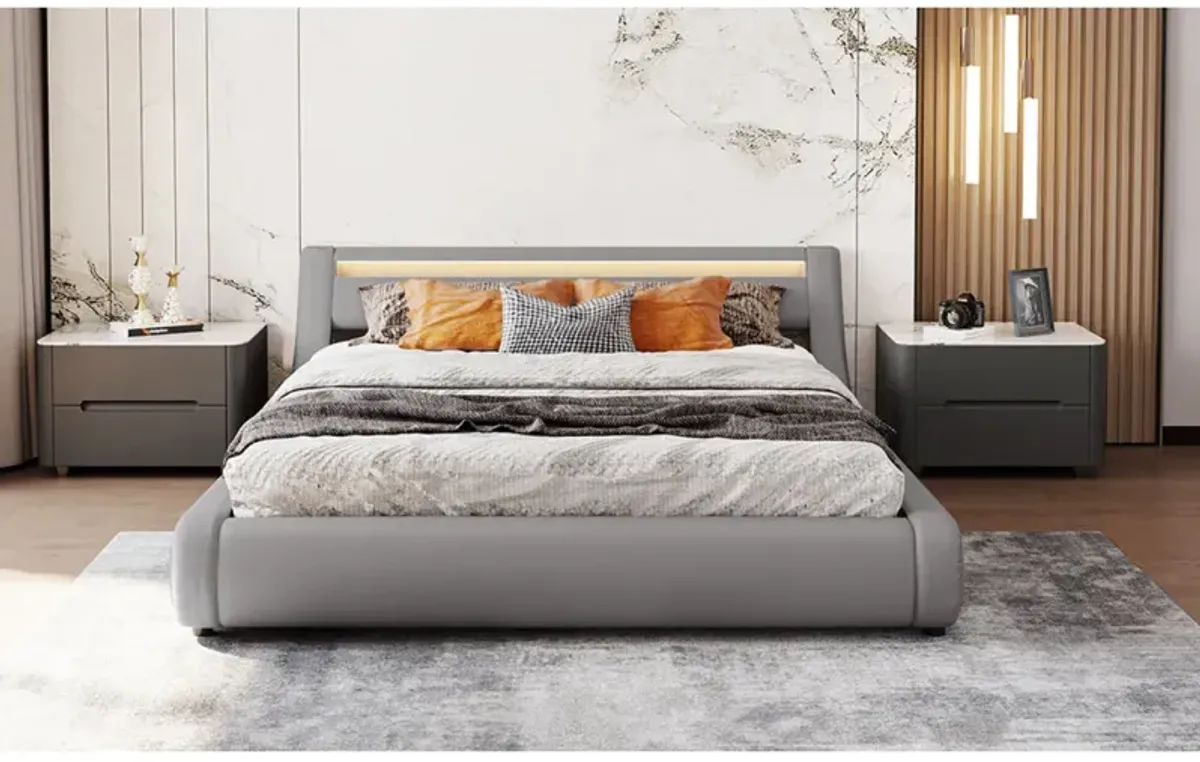 Upholstered PU Leather Platform Bed With A Hydraulic Storage System With LED Light Headboard