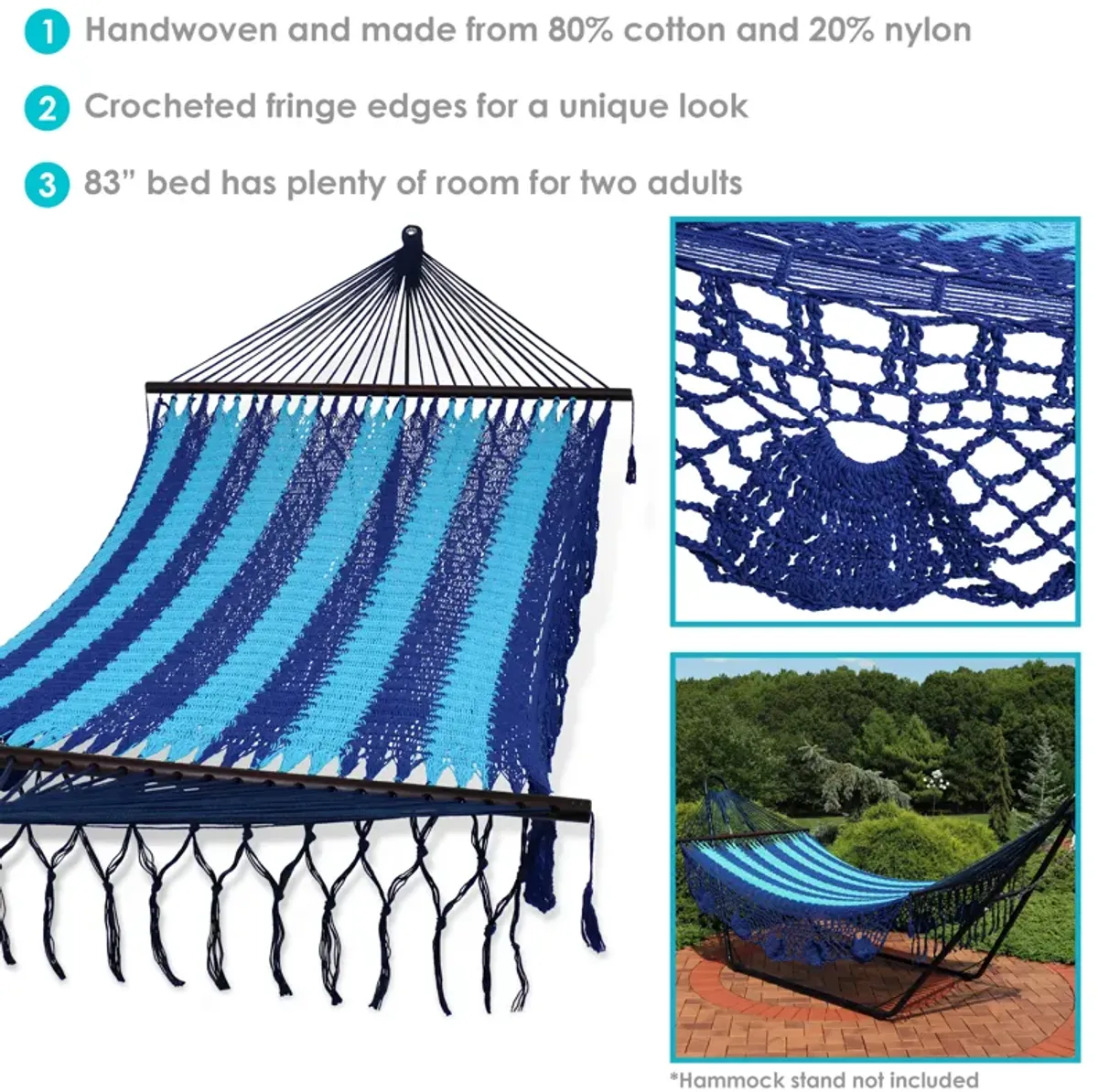 Sunnydaze 2-Person Woven Rope Hammock with Spreader Bars and Fringe