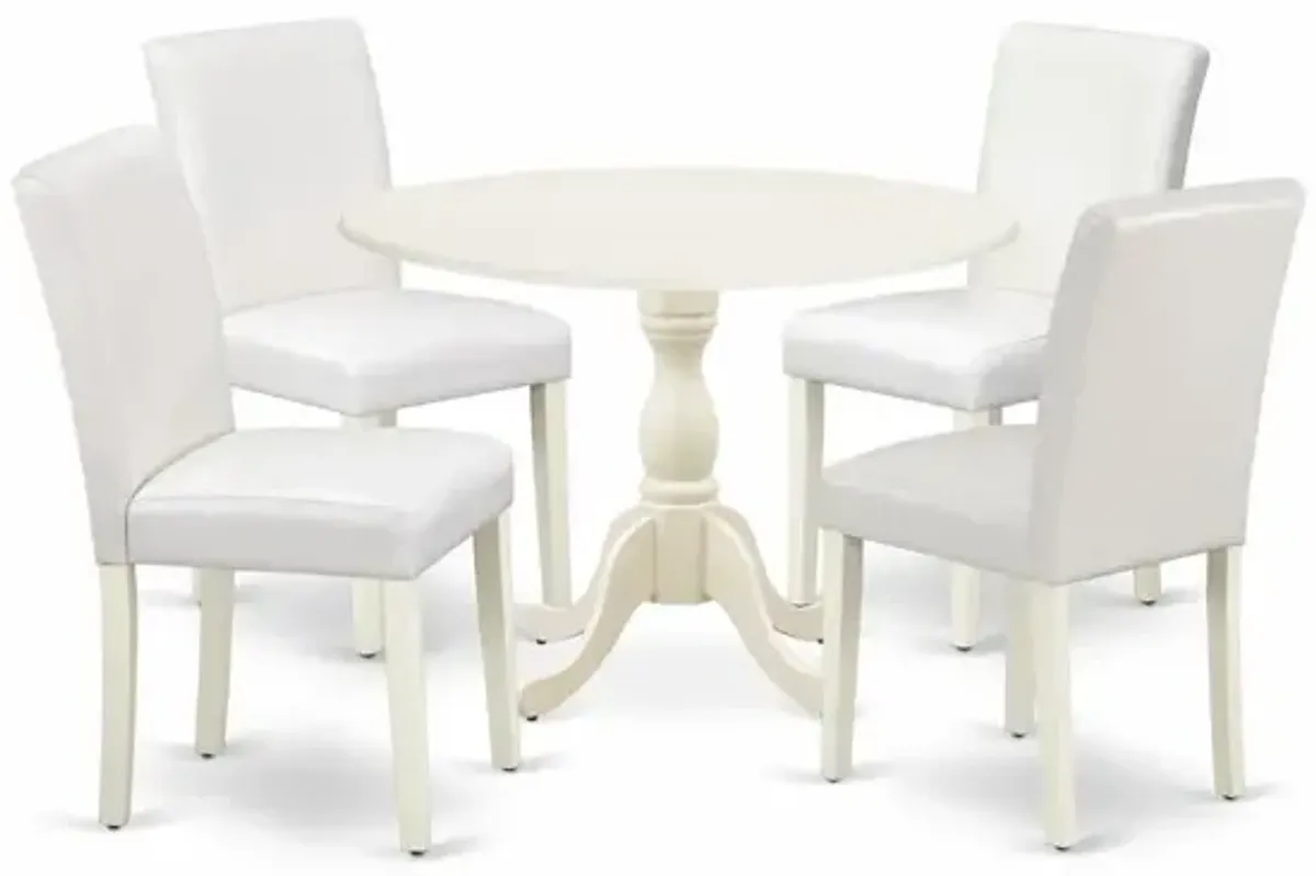 East West Furniture DMAB5-LWH-64 5 Piece Dinning Room Table Set Contains 1 Drop Leaves Wooden Table and 4 White PU Leather Upholstered Chair with High Back - Linen White Finish