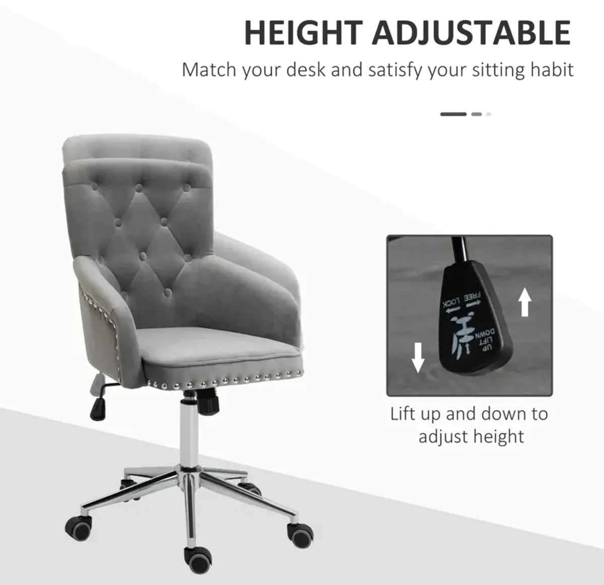 Grey Tufted Task Chair: Home Office Chair with Nailhead Trim