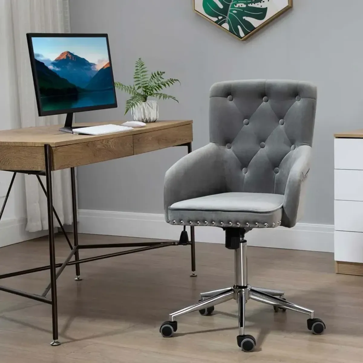 Grey Tufted Task Chair: Home Office Chair with Nailhead Trim