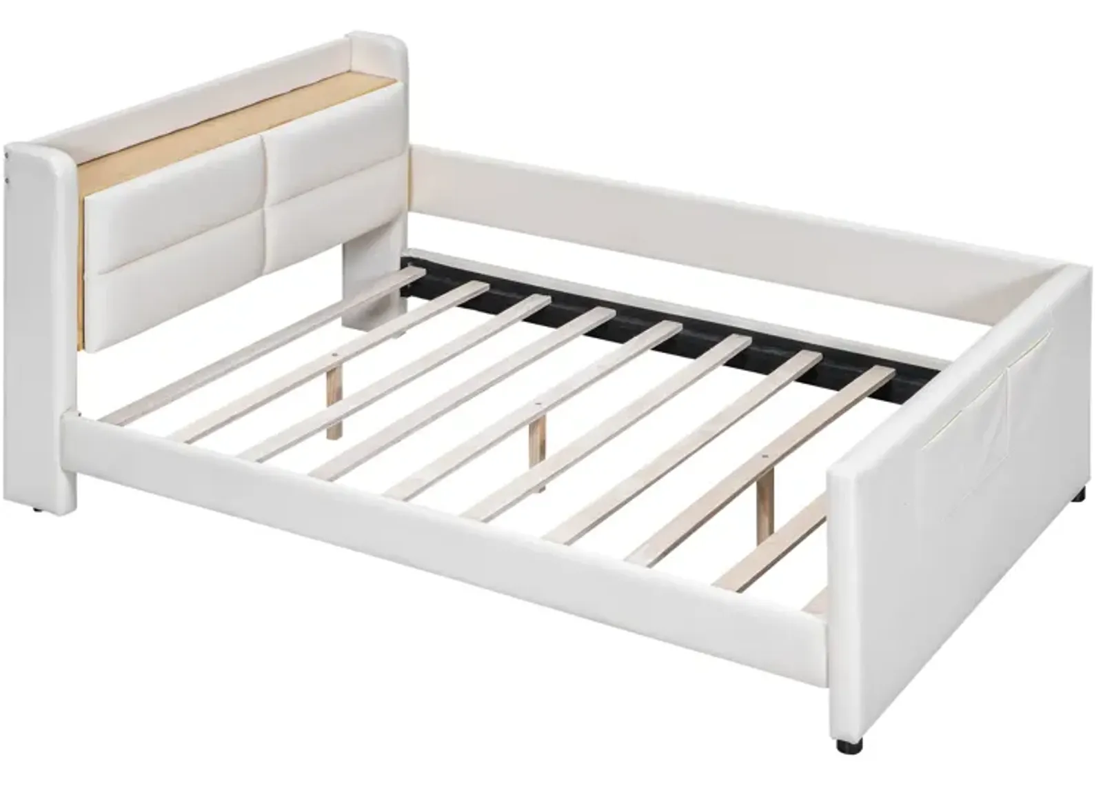 Full Size Upholstered Platform Bed With Guardrail, Storage Headboard And Footboard