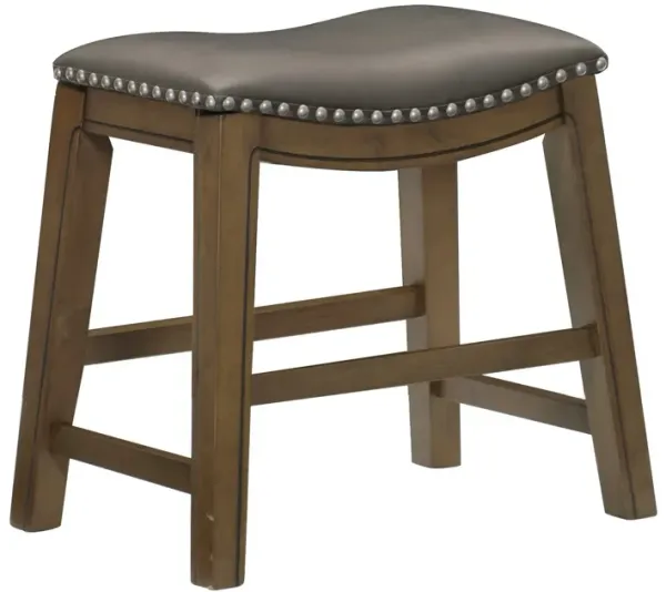 Miel 20 Inch Dining Stool, Gray Faux Leather, Brown Solid Wood, Nailheads - Benzara