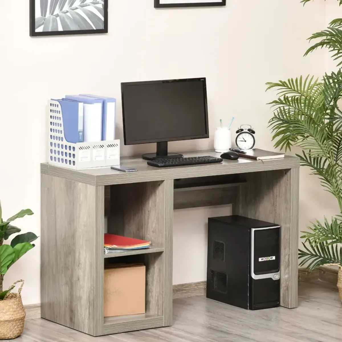 Natural Wood Workspace: Rectangle Computer Desk with Display Shelves