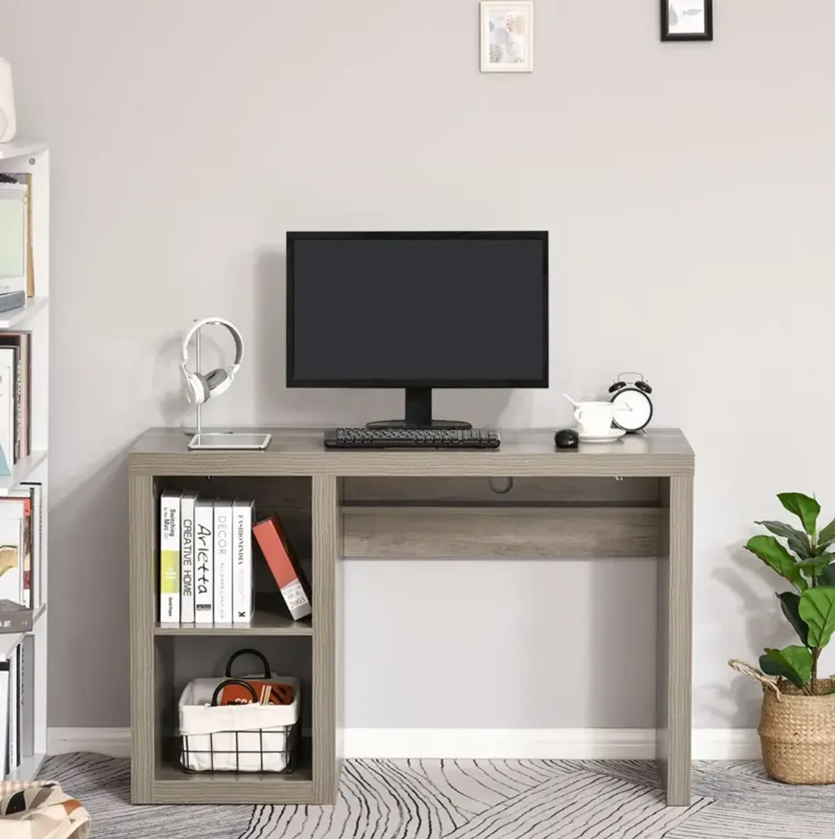 Natural Wood Workspace: Rectangle Computer Desk with Display Shelves