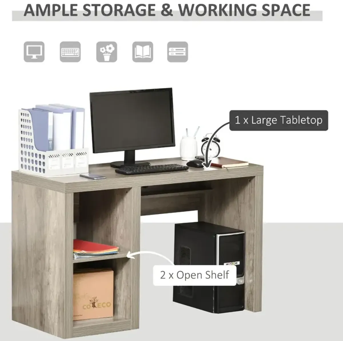 Natural Wood Workspace: Rectangle Computer Desk with Display Shelves