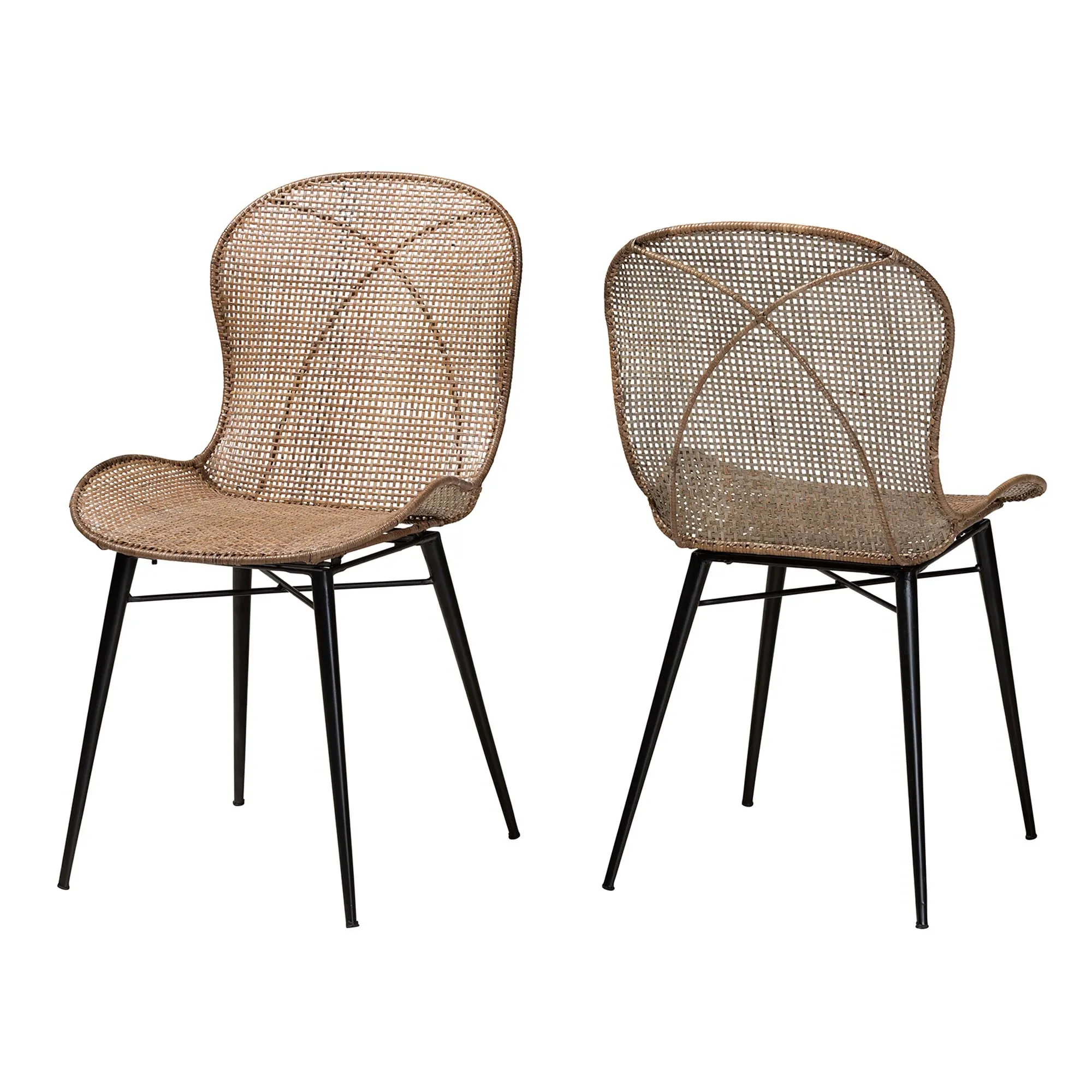 bali & pari Sabelle Japandi Greywashed Rattan and Black Metal 2-Piece Dining Chair Set