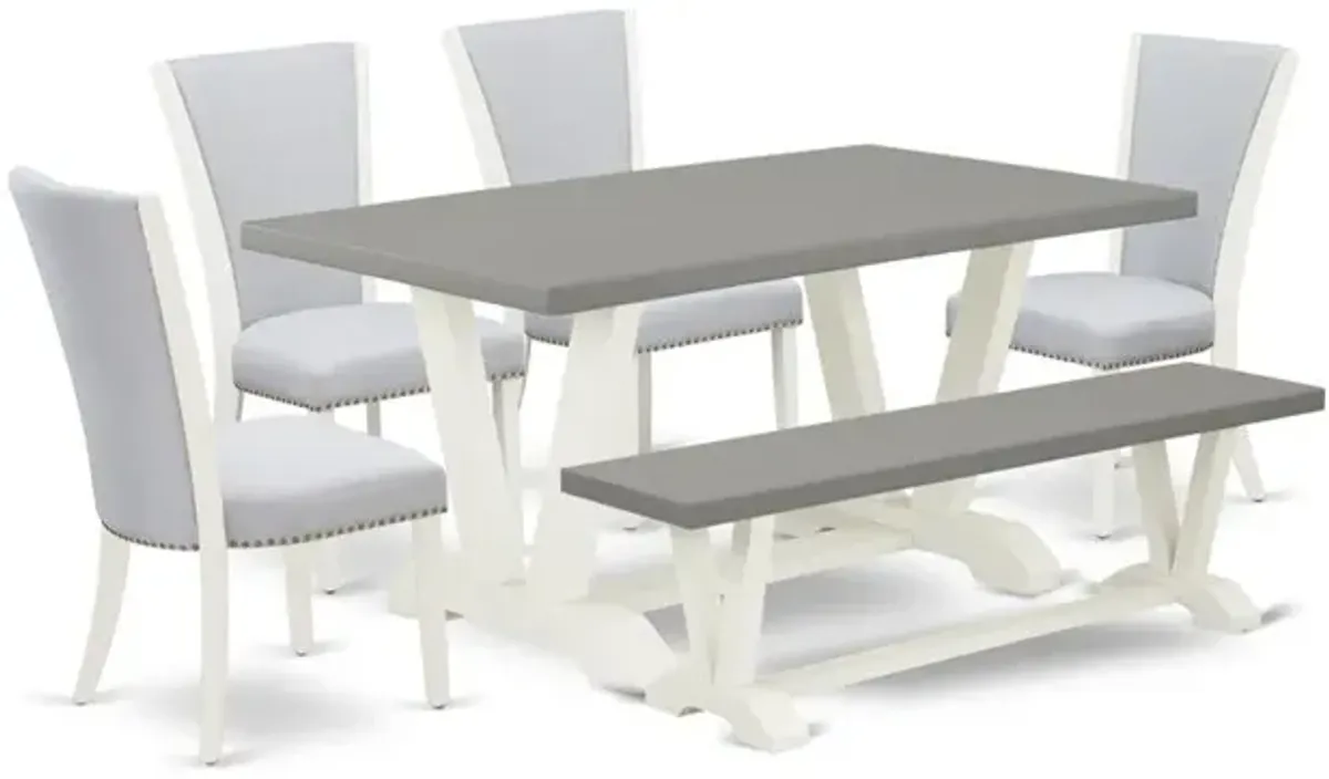 East West Furniture V096VE005-6 6 Piece Mid Century Dining Set - 4 Grey Wirebrush Linen Fabric Dining Room Chairs with Nailheads and Cement Modern Dining Table - 1 Kitchen Bench - Wirebrushed Linen Wh