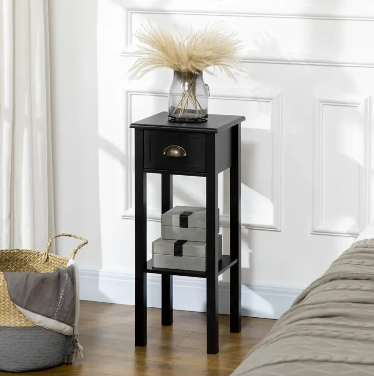 HOMCOM 2-Tier Side Table with Drawer, Narrow End Table with Bottom Shelf, for Living Room or Bedroom, Black