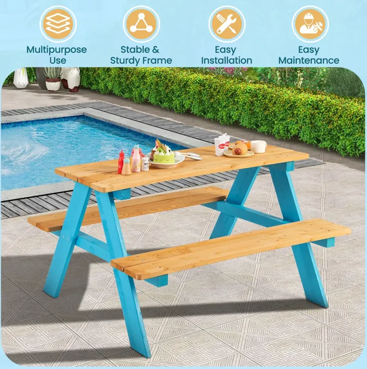 Children's Outdoor Wooden Table with Bench Seats