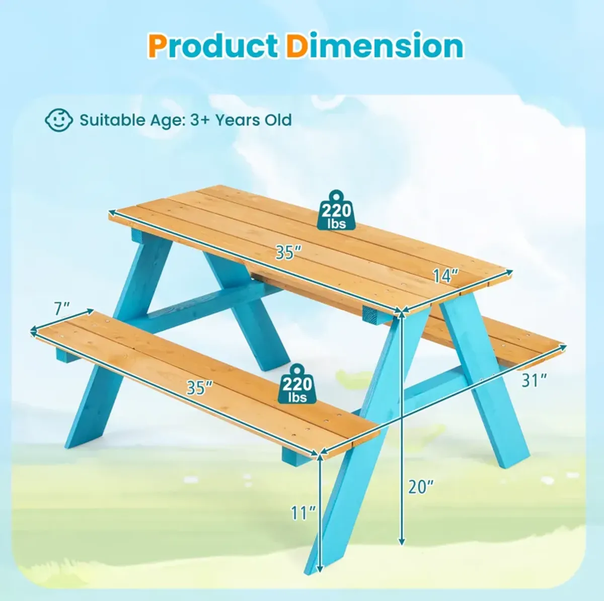 Children's Outdoor Wooden Table with Bench Seats