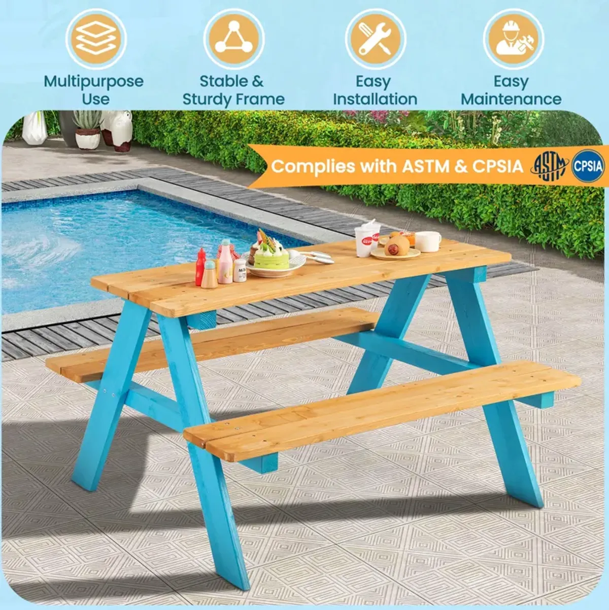 Children's Outdoor Wooden Table with Bench Seats