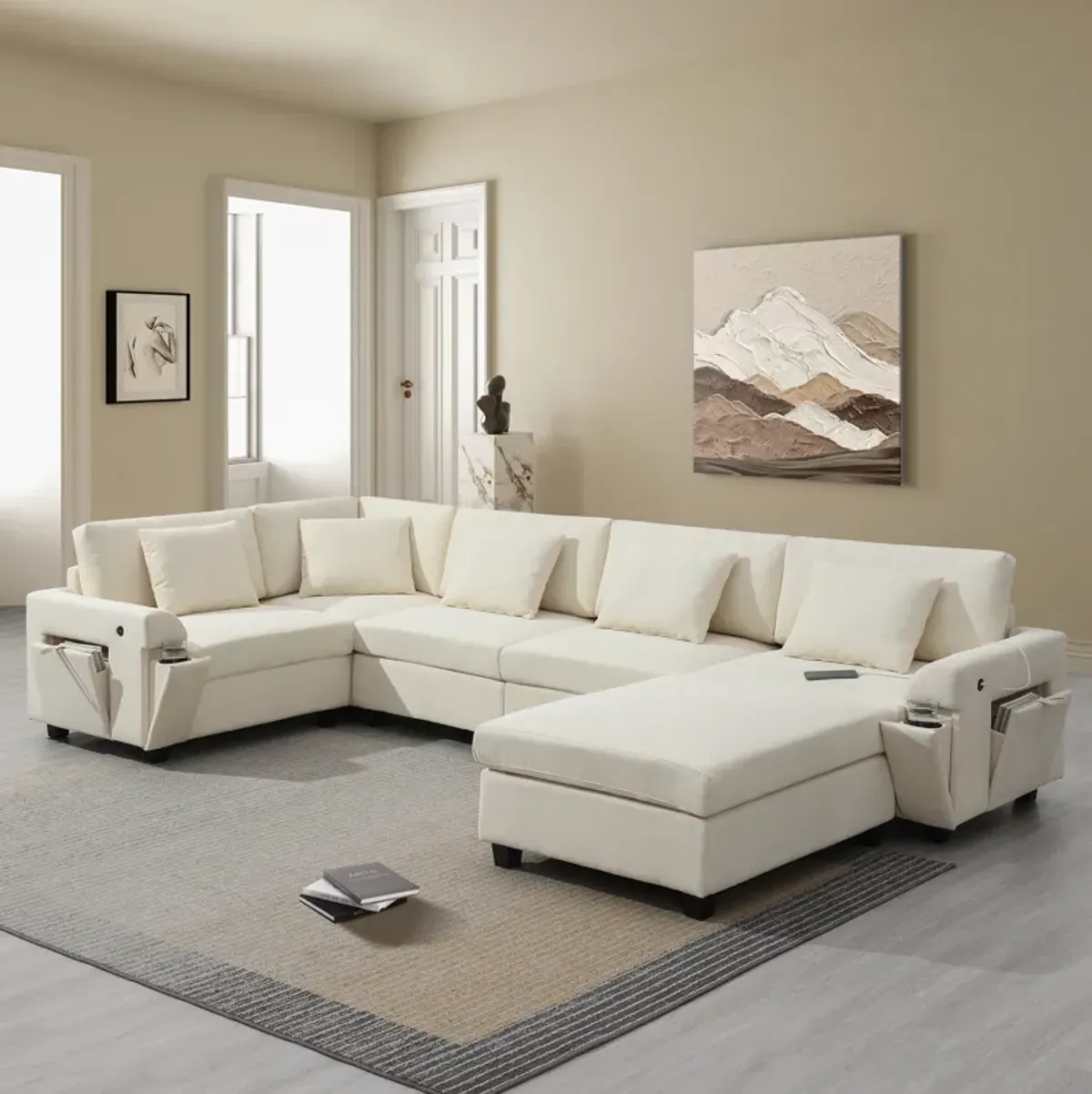 Merax U Shaped Chenille Sectional Sofa with Cup Holders