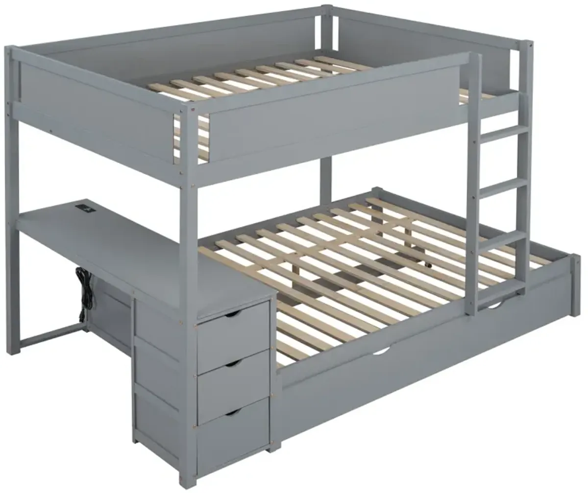 Full Over Full Bunk Bed With Twin Size Trundle, Storage And Desk, Gray