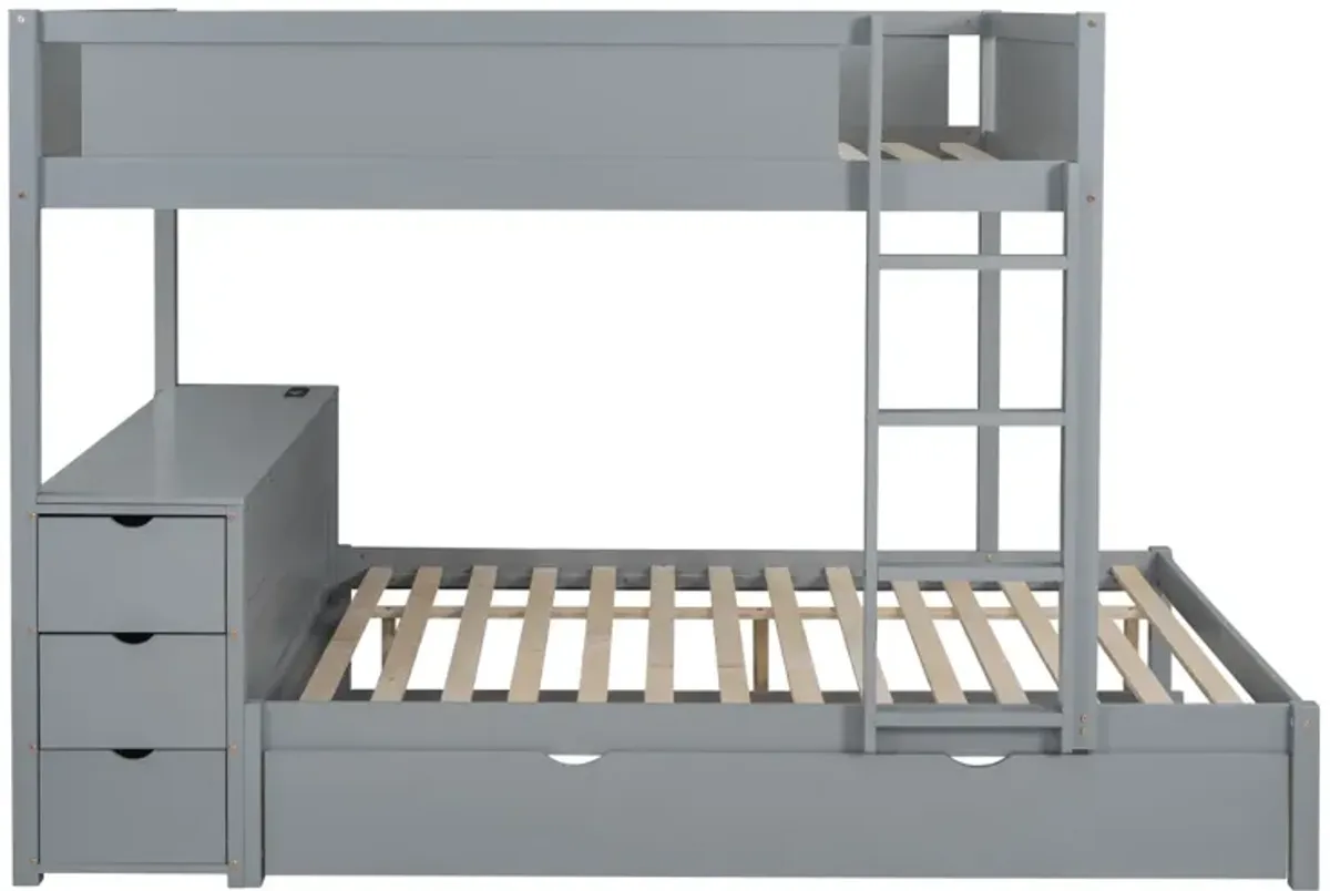 Full Over Full Bunk Bed With Twin Size Trundle, Storage And Desk, Gray