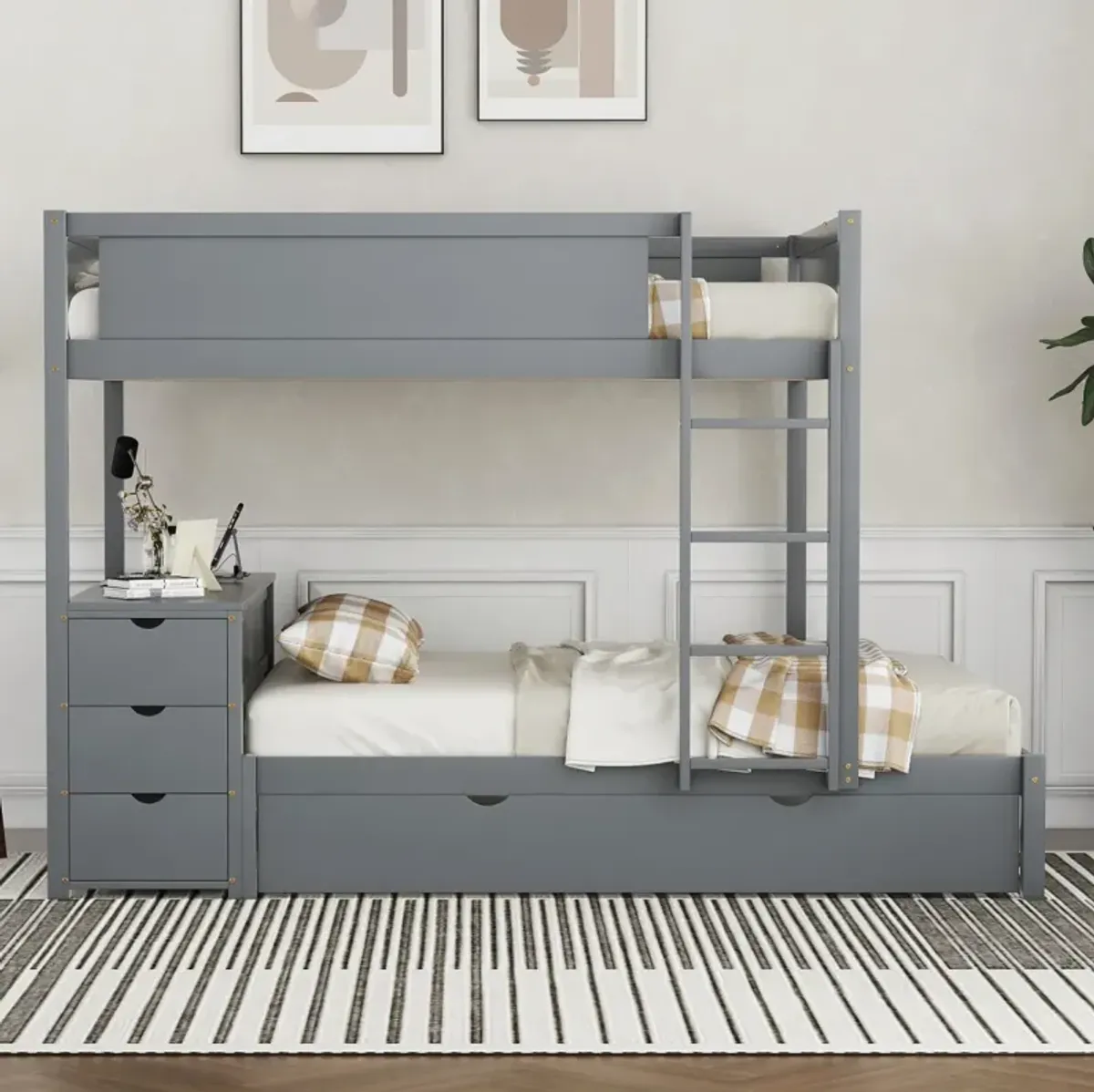 Full Over Full Bunk Bed With Twin Size Trundle, Storage And Desk, Gray