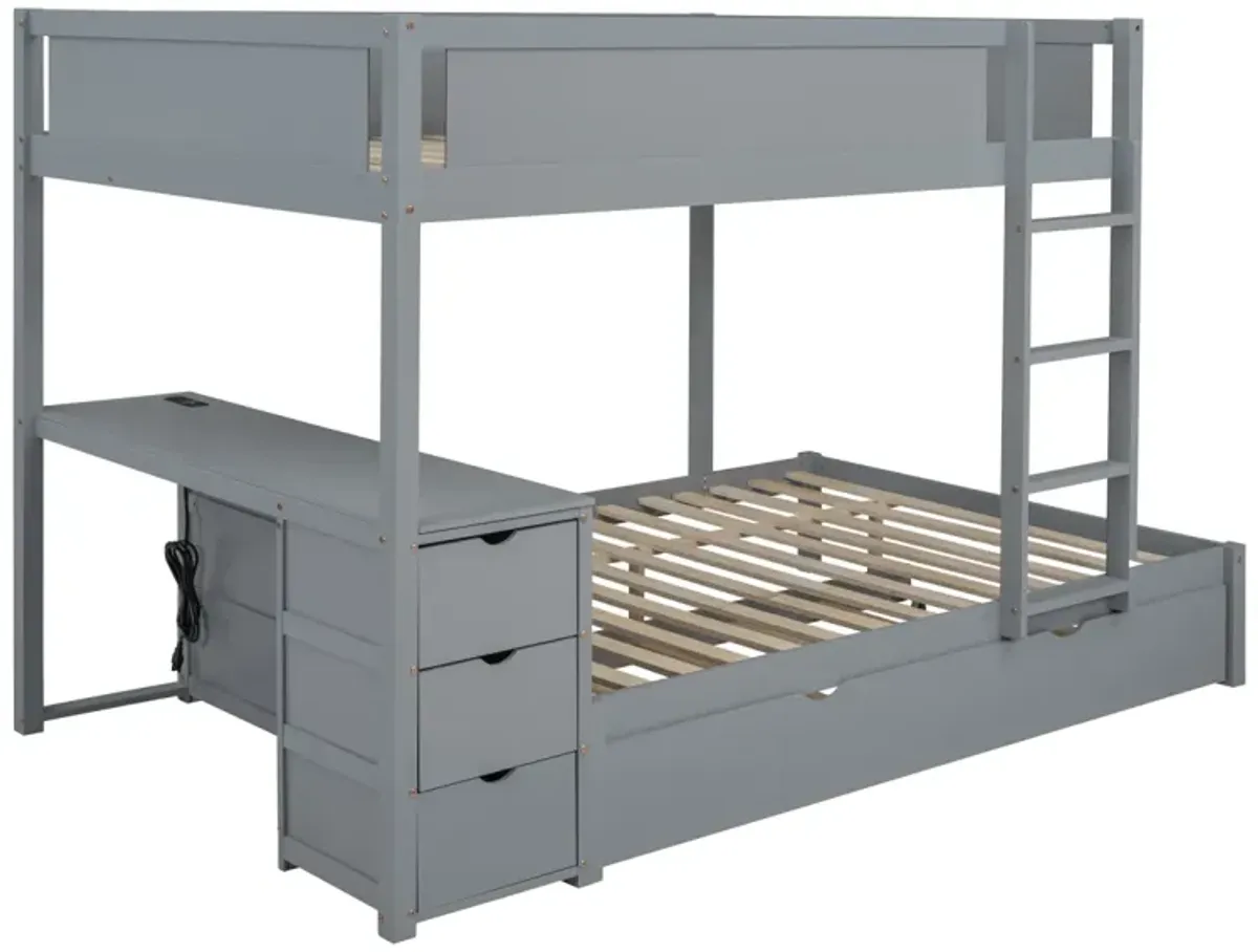 Full Over Full Bunk Bed With Twin Size Trundle, Storage And Desk, Gray