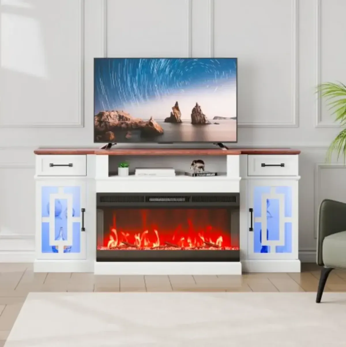 Pastoral Fireplace TV Console – 70" Corner Stand with 36" LED Fireplace, Drawers, Cabinets, Remote & 20-Color LED Timer
