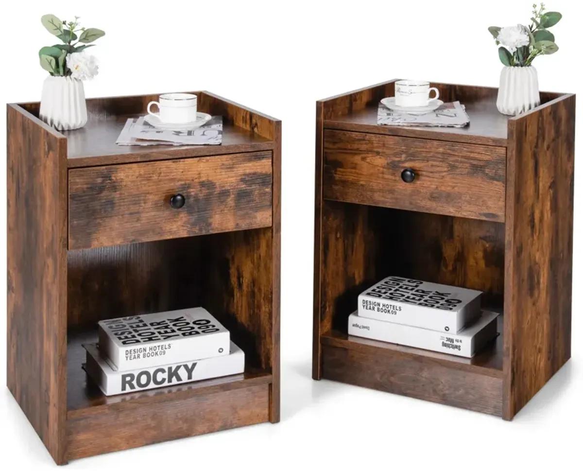 Set of 2 Nightstand with Drawer Cabinet End Side Table Raised Top