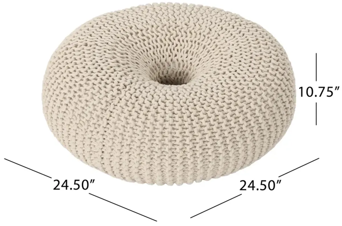 Round Knitted Pouf Ottoman, Handcrafted Details, 25 Inch, Beige Cotton -Benzara