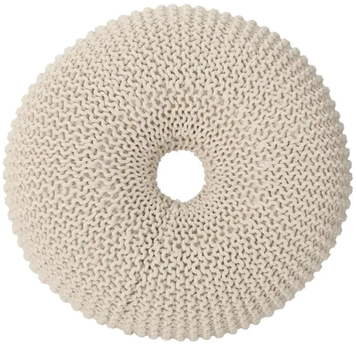 Round Knitted Pouf Ottoman, Handcrafted Details, 25 Inch, Beige Cotton -Benzara