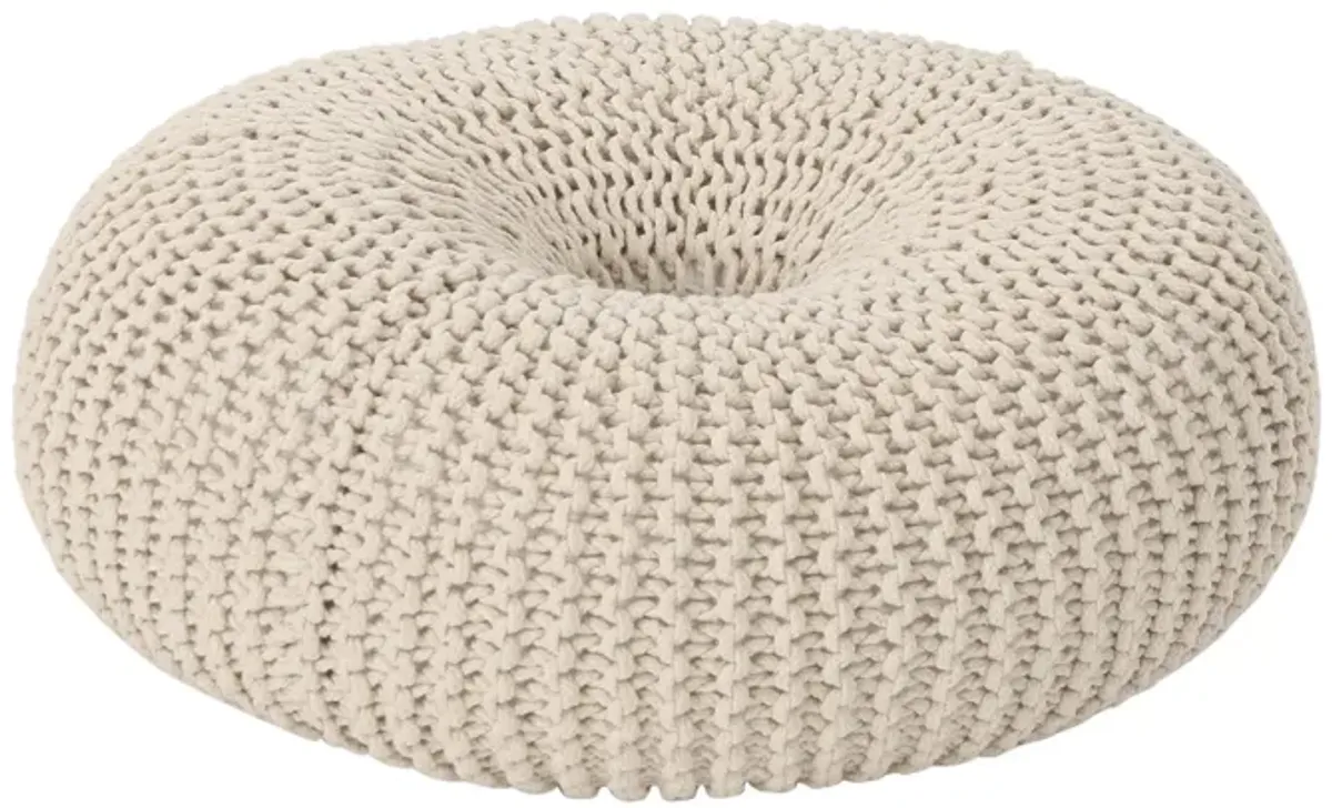 Round Knitted Pouf Ottoman, Handcrafted Details, 25 Inch, Beige Cotton -Benzara