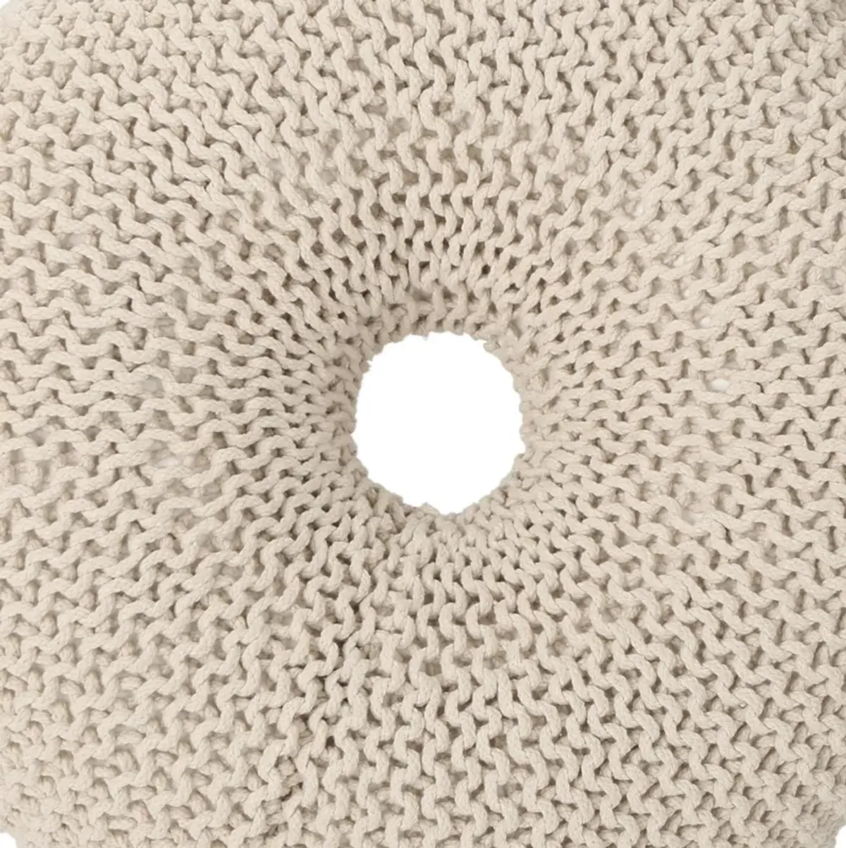 Round Knitted Pouf Ottoman, Handcrafted Details, 25 Inch, Beige Cotton -Benzara