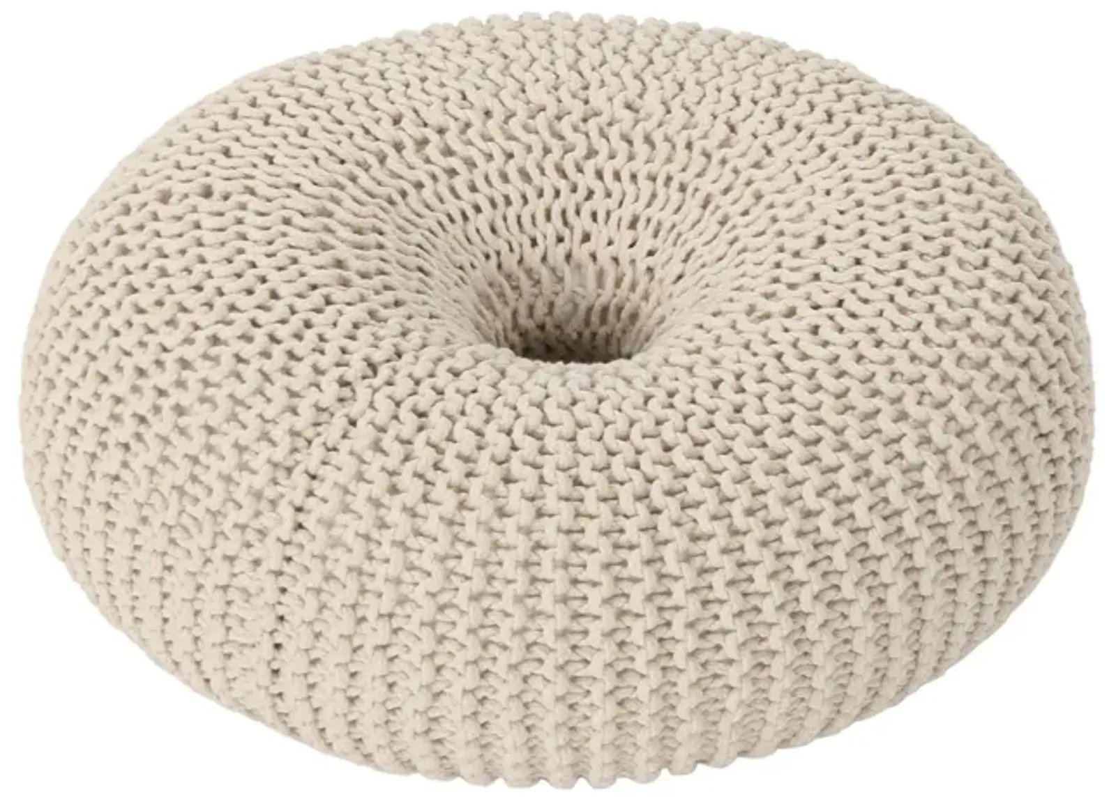 Round Knitted Pouf Ottoman, Handcrafted Details, 25 Inch, Beige Cotton -Benzara