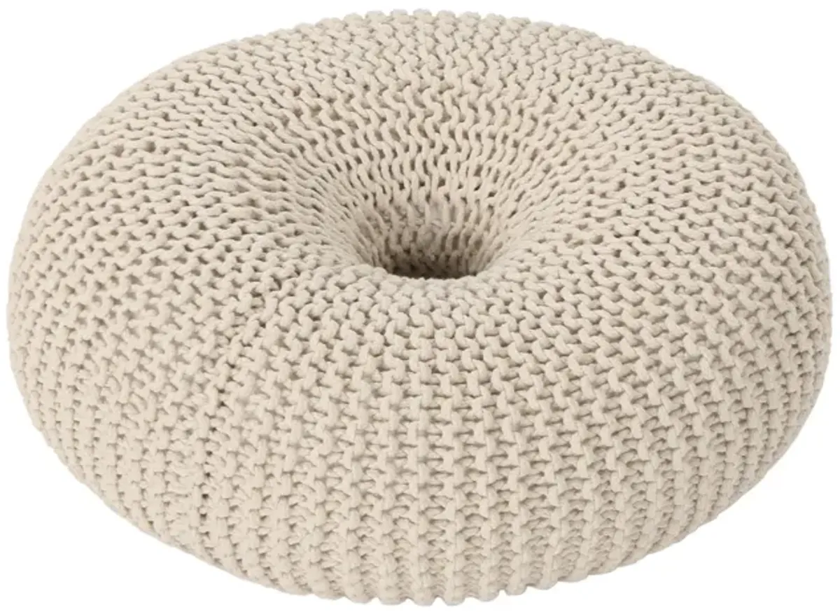 Round Knitted Pouf Ottoman, Handcrafted Details, 25 Inch, Beige Cotton -Benzara