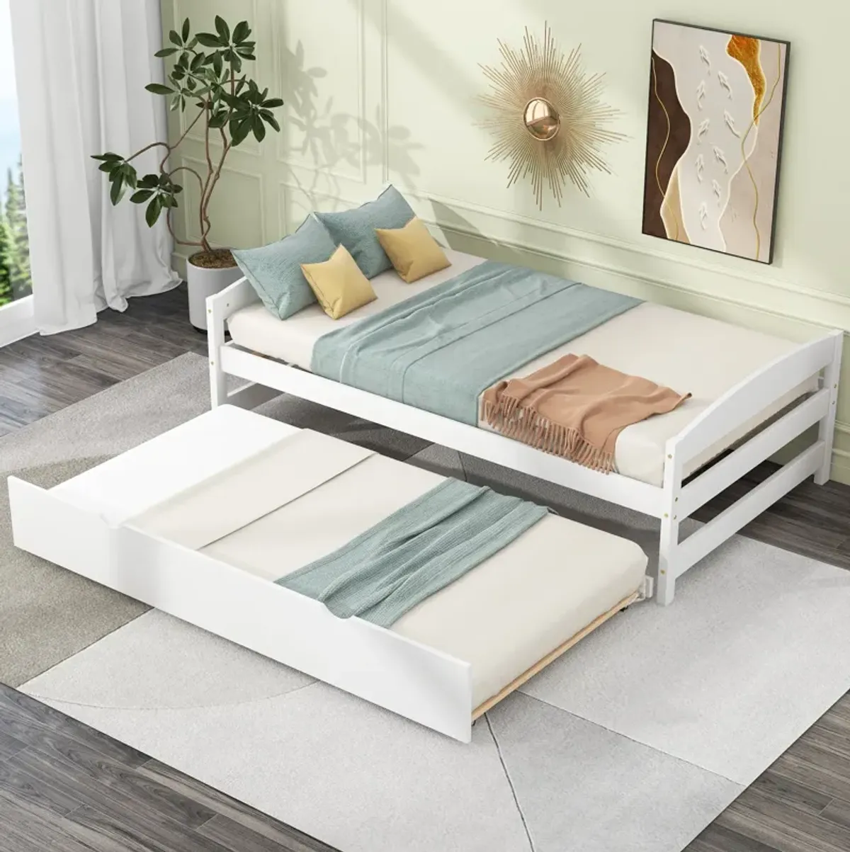 Whisen Twin Size Platform Bed with Twin Size Trundle - Gray