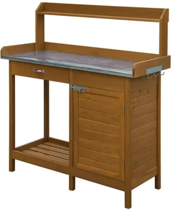 Metal Top Outdoor Potting Bench with Built-In Storage Cabinet