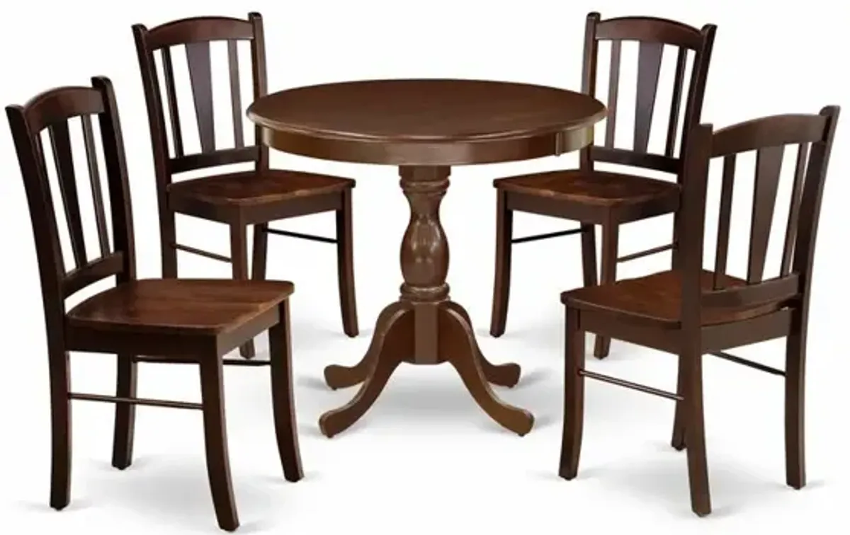 AMDL5-MAH-W - 5-Piece Modern Dining Set- 4 Dining Chair and Wood Dining Table - Wooden Seat and Slatted Chair Back - Mahogany Finish