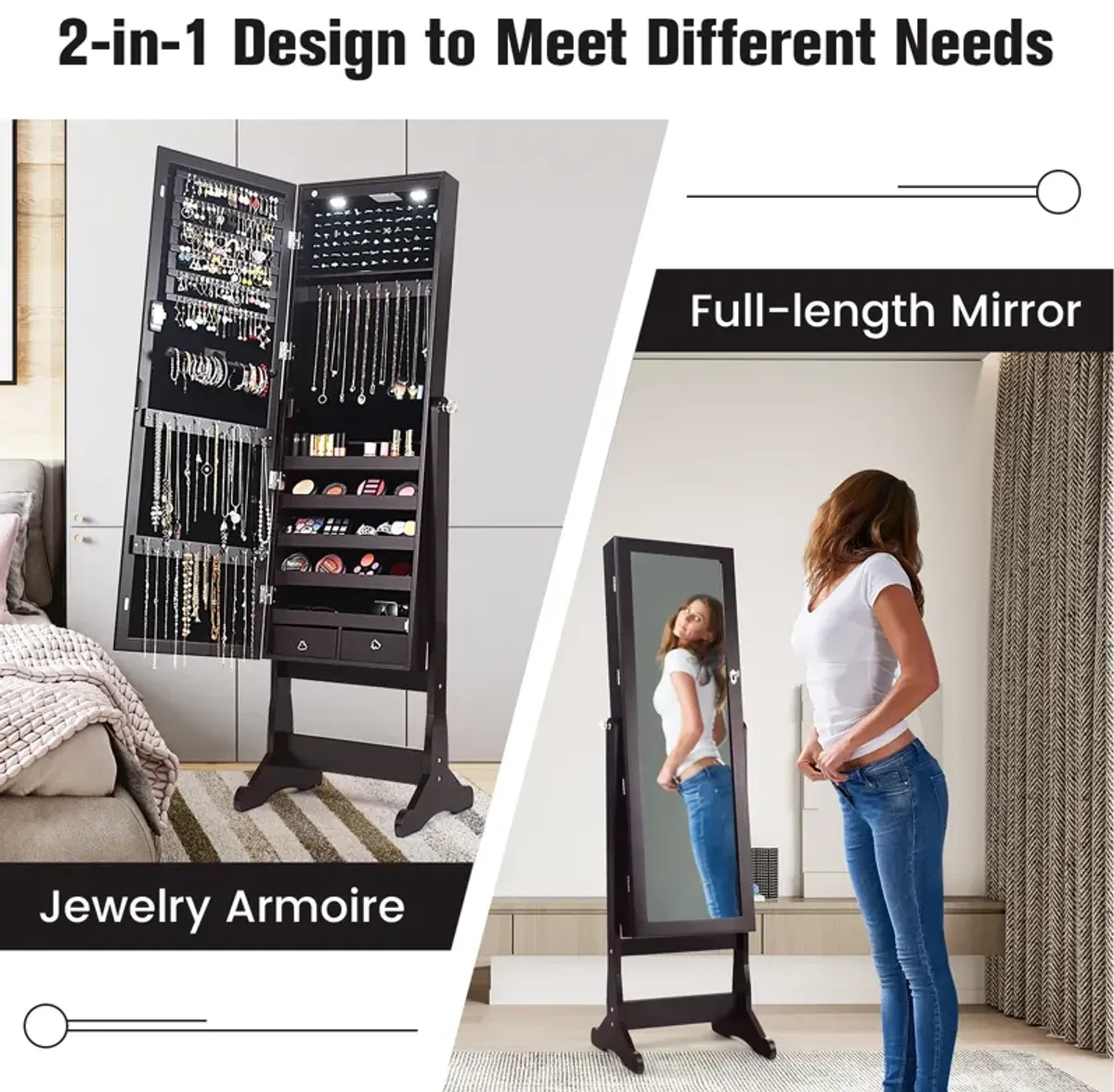 Lockable Mirrored Jewelry Cabinet with Stand and Led Lights